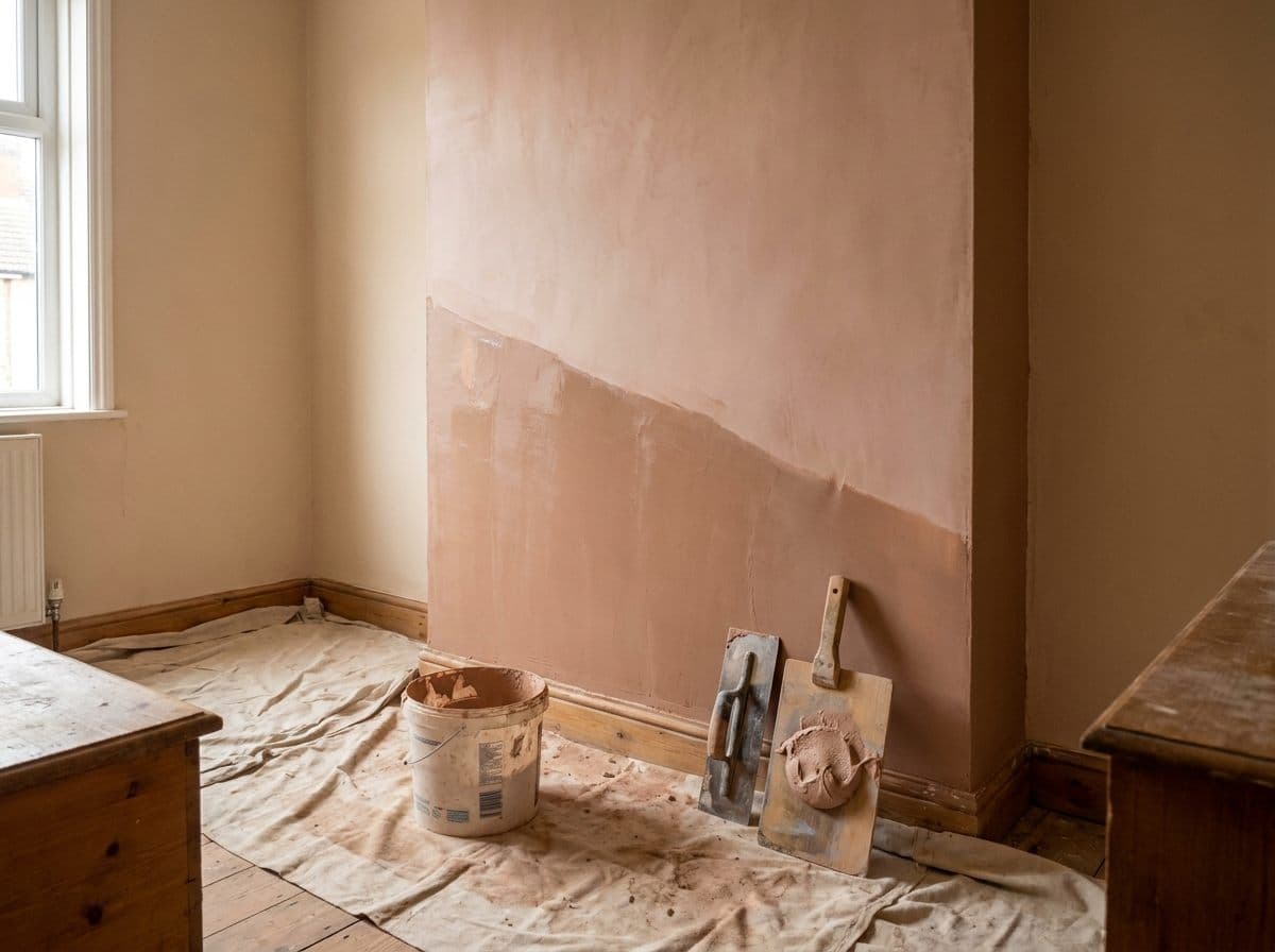 Interior wall half skimmed in fresh pink plaster, with a plasterer's trowel and hawk resting against it